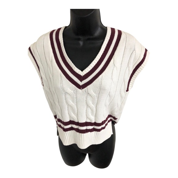 Jessica Simpson white & dark red cable knit v-neck sweater vest size XS new - Picture 3 of 10